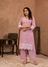 Lavender Floral Embroidered Cotton Kurta with Palazzo & Lace Work-P1307LAVENDER